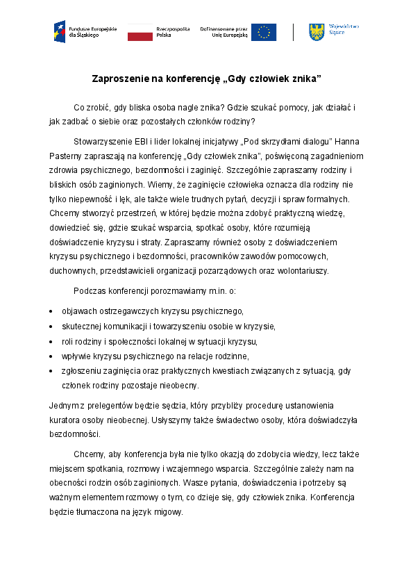 Zaproszenie na konferencję „Gdy człowiek znika” poświęconą zdrowiu psychicznemu, bezdomności i zaginięciom osób.