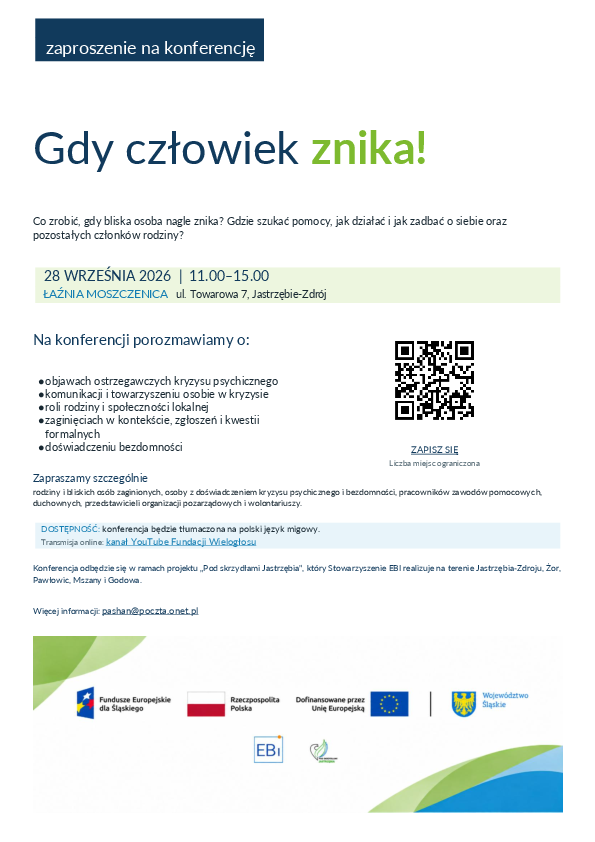 Plakat konferencji „Gdy człowiek znika!” – 28 września 2026 r., godz. 11:00–15:00, Łaźnia Moszczenica w Jastrzębiu-Zdroju